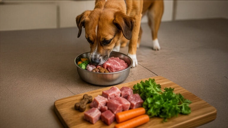 Hund vor einer BARF-Mahlzeit mit Fleisch, Gemüse und weiteren Zutaten