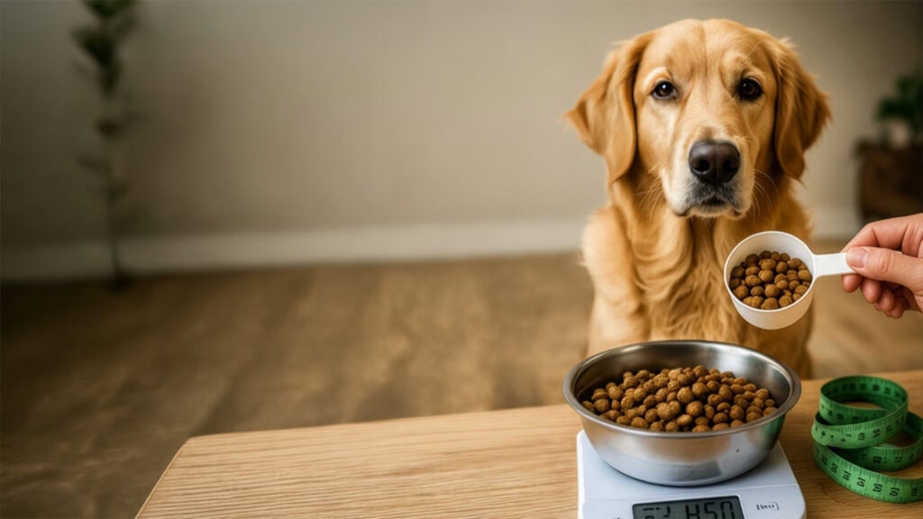 Weimaraner mit abgewogener Futterportion, Futternapf und Maßband