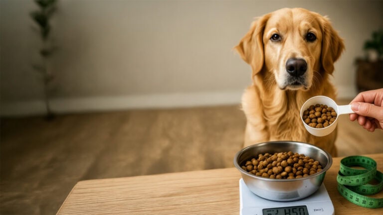 Weimaraner mit abgewogener Futterportion, Futternapf und Maßband