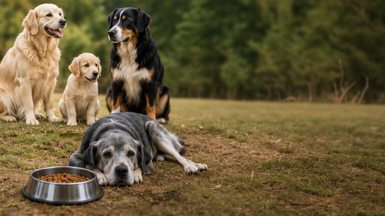 Hunde verschiedener Lebensphasen mit altersgerecht portioniertem Futter