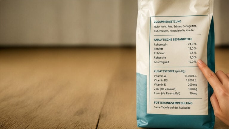 Hundefutterverpackung mit Deklaration wird genau geprüft