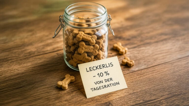 Hundeleckerlis im Glas mit Hinweis auf ihren Anteil an der Tagesration