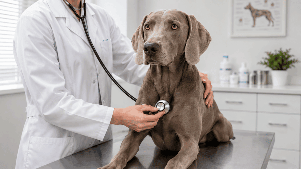 Tierärztliche Untersuchung eines grauen Weimaraners