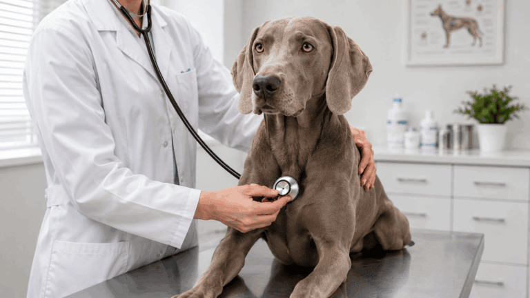 Tierärztliche Untersuchung eines grauen Weimaraners