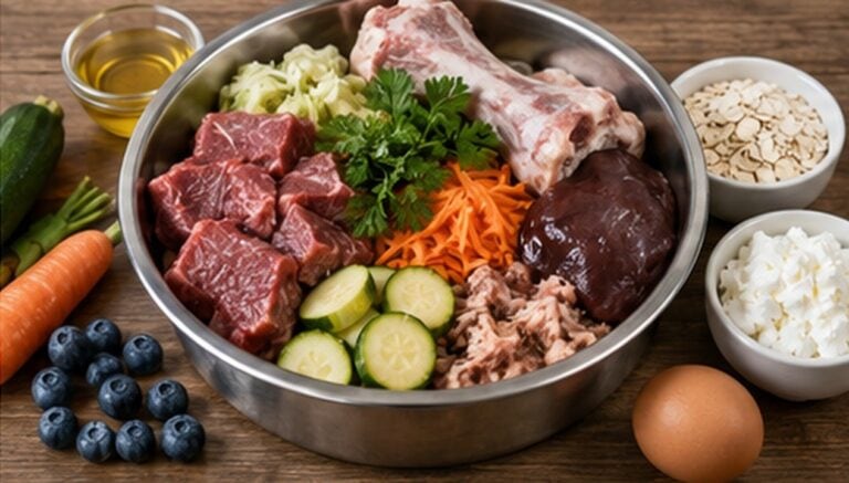 Ausgewogener Hundenapf mit Fleisch, Gemüse, Ei und weiteren Zutaten