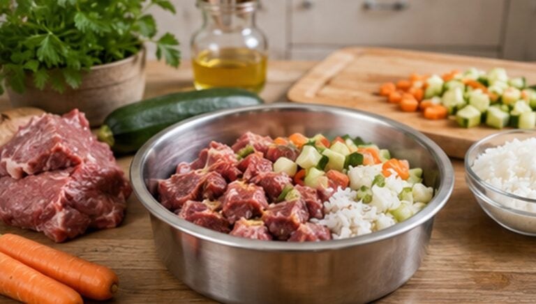 Selbst zubereitetes Hundefutter mit Fleisch, Gemüse und Reis in einem Edelstahlnapf