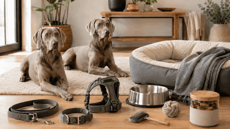Weimaraner mit Hundebett, Leine, Geschirr, Napf und Spielzeug