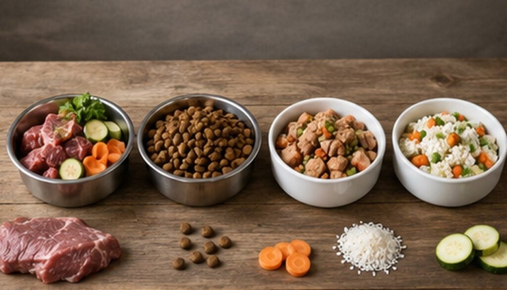 Verschiedene Futternäpfe mit Trockenfutter, Nassfutter, Rohfutter und selbst zubereitetem Hundefutter
