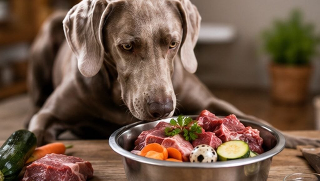 Grauer Weimaraner vor einem Napf mit rohem Fleisch und Gemüse