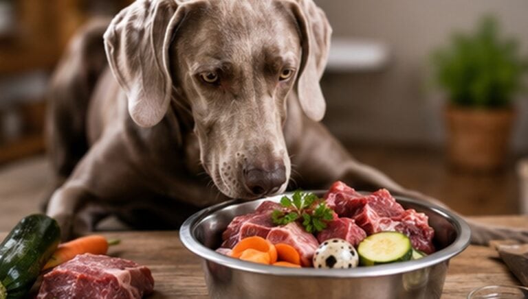 Grauer Weimaraner vor einem Napf mit rohem Fleisch und Gemüse